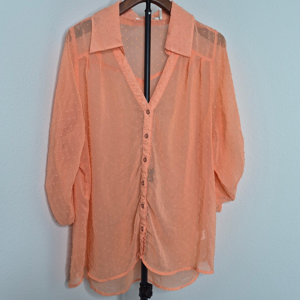 Peach Swiss Dot Roll Tab Sleeve Button Down Sheer Blouse Plus Size 1X Polka Dot